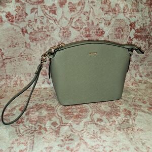 Gray Leather Clutch With Long Interchable Strap.